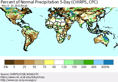 World Percent of Normal Precipitation 5-Day (CHIRPS) Thematic Map For 5/6/2022 - 5/10/2022