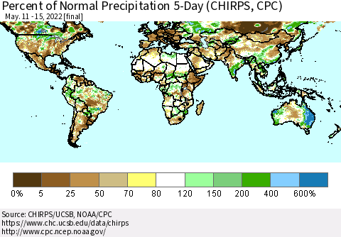 World Percent of Normal Precipitation 5-Day (CHIRPS) Thematic Map For 5/11/2022 - 5/15/2022