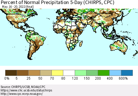 World Percent of Normal Precipitation 5-Day (CHIRPS) Thematic Map For 5/16/2022 - 5/20/2022