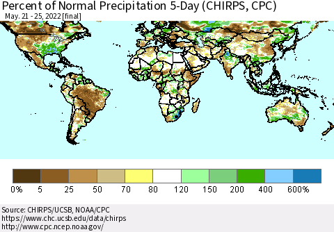 World Percent of Normal Precipitation 5-Day (CHIRPS) Thematic Map For 5/21/2022 - 5/25/2022