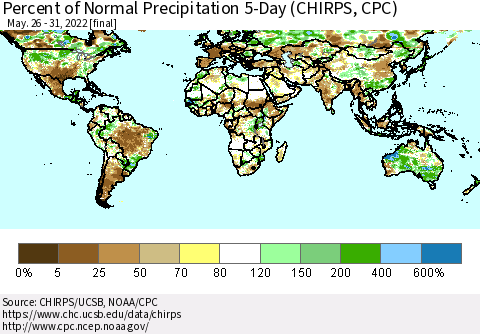 World Percent of Normal Precipitation 5-Day (CHIRPS) Thematic Map For 5/26/2022 - 5/31/2022