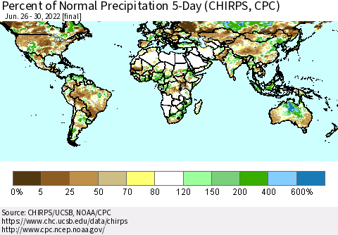 World Percent of Normal Precipitation 5-Day (CHIRPS) Thematic Map For 6/26/2022 - 6/30/2022