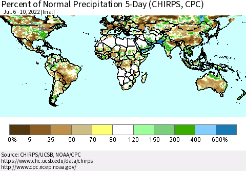 World Percent of Normal Precipitation 5-Day (CHIRPS) Thematic Map For 7/6/2022 - 7/10/2022