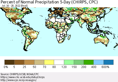 World Percent of Normal Precipitation 5-Day (CHIRPS) Thematic Map For 7/16/2022 - 7/20/2022