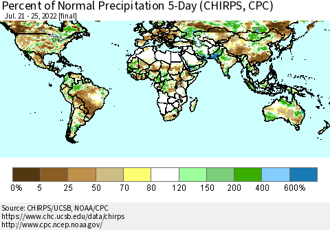 World Percent of Normal Precipitation 5-Day (CHIRPS) Thematic Map For 7/21/2022 - 7/25/2022