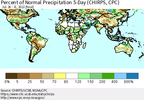 World Percent of Normal Precipitation 5-Day (CHIRPS) Thematic Map For 7/26/2022 - 7/31/2022