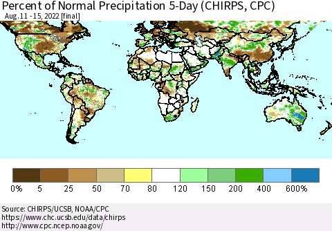 World Percent of Normal Precipitation 5-Day (CHIRPS) Thematic Map For 8/11/2022 - 8/15/2022