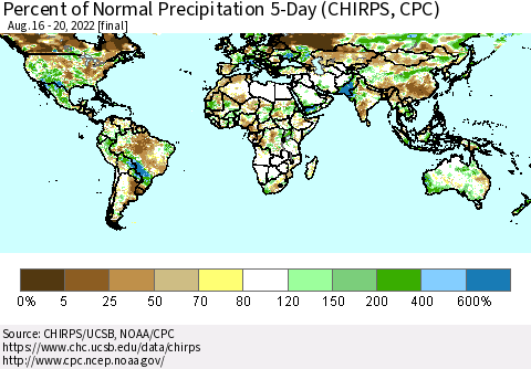 World Percent of Normal Precipitation 5-Day (CHIRPS) Thematic Map For 8/16/2022 - 8/20/2022
