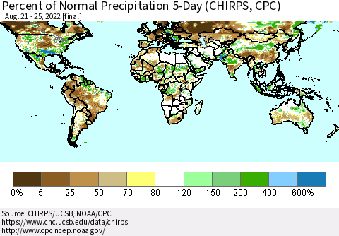 World Percent of Normal Precipitation 5-Day (CHIRPS) Thematic Map For 8/21/2022 - 8/25/2022