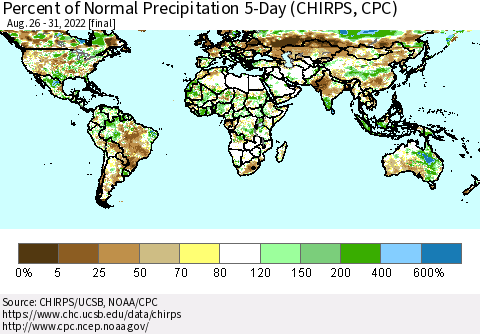 World Percent of Normal Precipitation 5-Day (CHIRPS) Thematic Map For 8/26/2022 - 8/31/2022