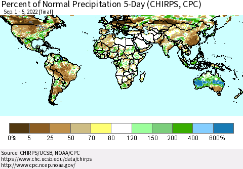 World Percent of Normal Precipitation 5-Day (CHIRPS) Thematic Map For 9/1/2022 - 9/5/2022