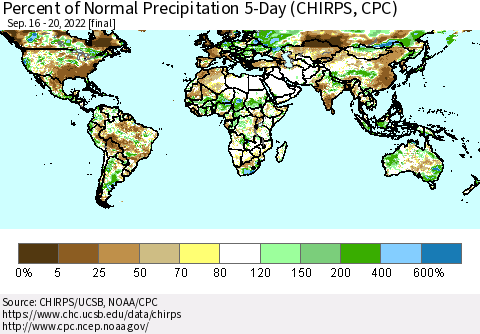 World Percent of Normal Precipitation 5-Day (CHIRPS) Thematic Map For 9/16/2022 - 9/20/2022