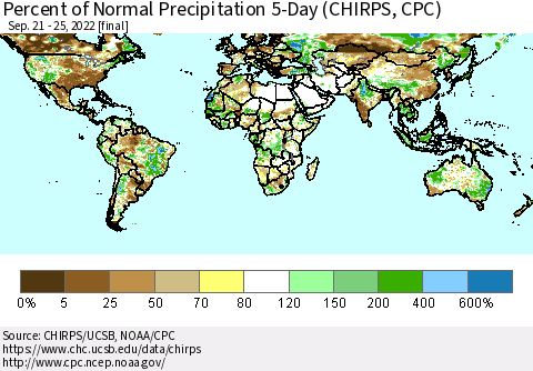 World Percent of Normal Precipitation 5-Day (CHIRPS) Thematic Map For 9/21/2022 - 9/25/2022