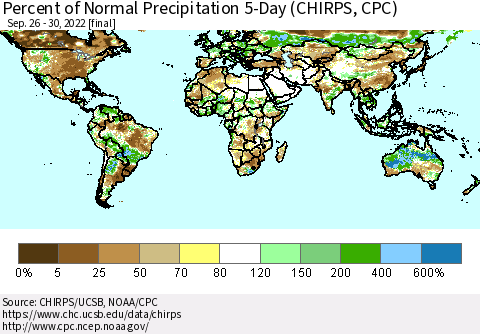World Percent of Normal Precipitation 5-Day (CHIRPS) Thematic Map For 9/26/2022 - 9/30/2022
