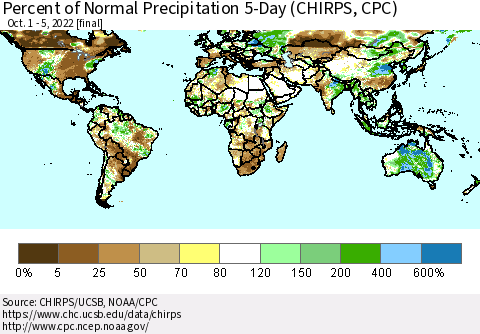 World Percent of Normal Precipitation 5-Day (CHIRPS) Thematic Map For 10/1/2022 - 10/5/2022