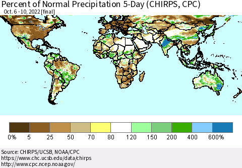 World Percent of Normal Precipitation 5-Day (CHIRPS) Thematic Map For 10/6/2022 - 10/10/2022