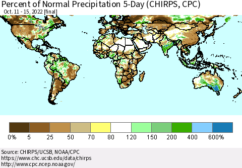 World Percent of Normal Precipitation 5-Day (CHIRPS) Thematic Map For 10/11/2022 - 10/15/2022