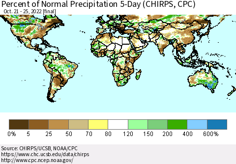 World Percent of Normal Precipitation 5-Day (CHIRPS) Thematic Map For 10/21/2022 - 10/25/2022