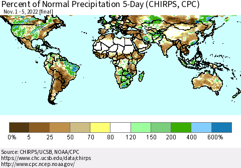 World Percent of Normal Precipitation 5-Day (CHIRPS) Thematic Map For 11/1/2022 - 11/5/2022
