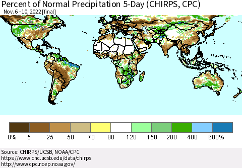 World Percent of Normal Precipitation 5-Day (CHIRPS) Thematic Map For 11/6/2022 - 11/10/2022