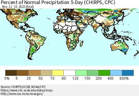 World Percent of Normal Precipitation 5-Day (CHIRPS) Thematic Map For 11/11/2022 - 11/15/2022