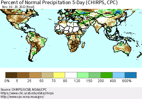 World Percent of Normal Precipitation 5-Day (CHIRPS) Thematic Map For 11/16/2022 - 11/20/2022