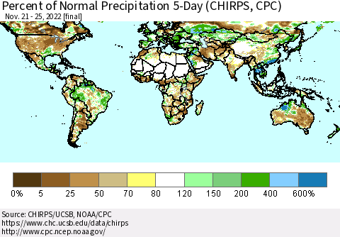 World Percent of Normal Precipitation 5-Day (CHIRPS) Thematic Map For 11/21/2022 - 11/25/2022