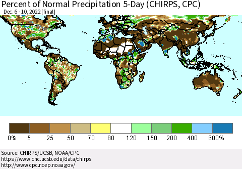 World Percent of Normal Precipitation 5-Day (CHIRPS) Thematic Map For 12/6/2022 - 12/10/2022