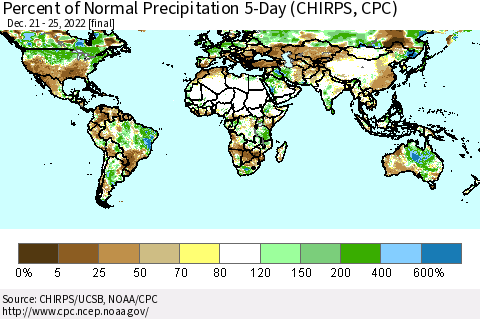 World Percent of Normal Precipitation 5-Day (CHIRPS) Thematic Map For 12/21/2022 - 12/25/2022