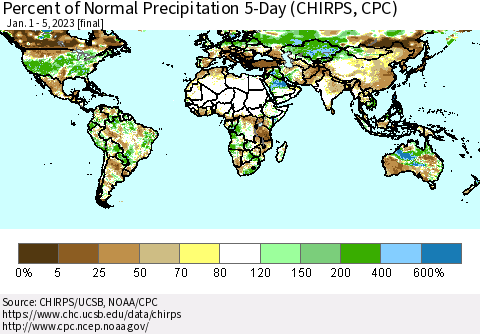 World Percent of Normal Precipitation 5-Day (CHIRPS) Thematic Map For 1/1/2023 - 1/5/2023