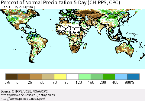 World Percent of Normal Precipitation 5-Day (CHIRPS) Thematic Map For 1/11/2023 - 1/15/2023