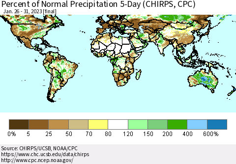 World Percent of Normal Precipitation 5-Day (CHIRPS) Thematic Map For 1/26/2023 - 1/31/2023