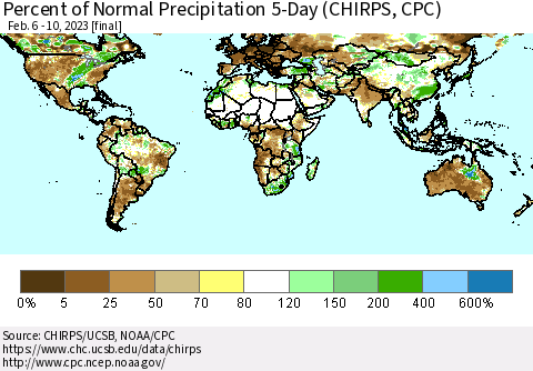 World Percent of Normal Precipitation 5-Day (CHIRPS) Thematic Map For 2/6/2023 - 2/10/2023