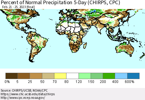 World Percent of Normal Precipitation 5-Day (CHIRPS) Thematic Map For 2/21/2023 - 2/25/2023