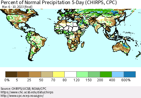 World Percent of Normal Precipitation 5-Day (CHIRPS) Thematic Map For 3/6/2023 - 3/10/2023