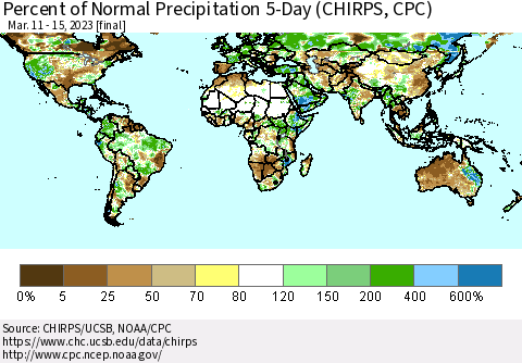 World Percent of Normal Precipitation 5-Day (CHIRPS) Thematic Map For 3/11/2023 - 3/15/2023