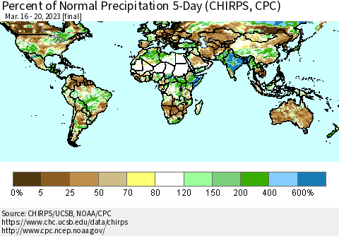 World Percent of Normal Precipitation 5-Day (CHIRPS) Thematic Map For 3/16/2023 - 3/20/2023