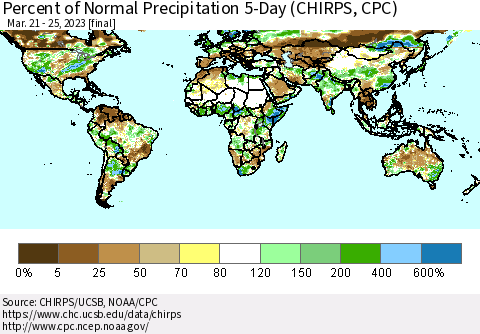 World Percent of Normal Precipitation 5-Day (CHIRPS) Thematic Map For 3/21/2023 - 3/25/2023