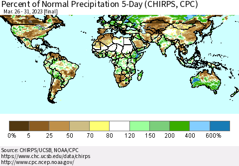 World Percent of Normal Precipitation 5-Day (CHIRPS) Thematic Map For 3/26/2023 - 3/31/2023
