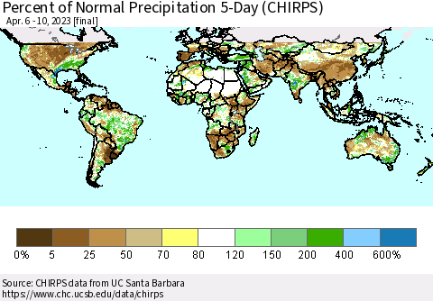World Percent of Normal Precipitation 5-Day (CHIRPS) Thematic Map For 4/6/2023 - 4/10/2023