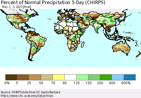 World Percent of Normal Precipitation 5-Day (CHIRPS) Thematic Map For 5/1/2023 - 5/5/2023