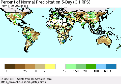 World Percent of Normal Precipitation 5-Day (CHIRPS) Thematic Map For 5/6/2023 - 5/10/2023