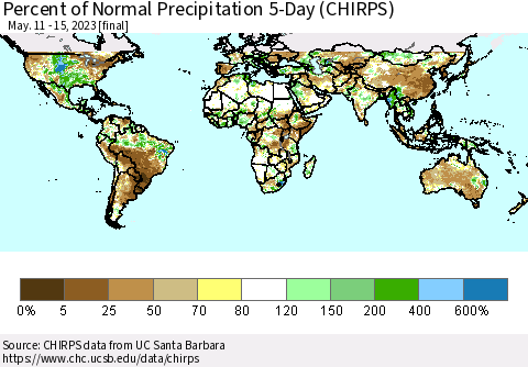World Percent of Normal Precipitation 5-Day (CHIRPS) Thematic Map For 5/11/2023 - 5/15/2023