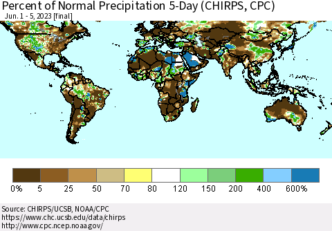 World Percent of Normal Precipitation 5-Day (CHIRPS) Thematic Map For 6/1/2023 - 6/5/2023