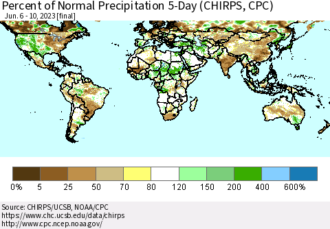 World Percent of Normal Precipitation 5-Day (CHIRPS) Thematic Map For 6/6/2023 - 6/10/2023