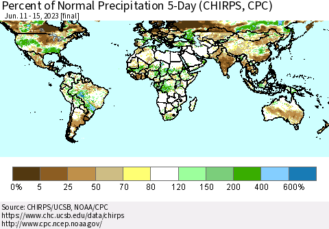 World Percent of Normal Precipitation 5-Day (CHIRPS) Thematic Map For 6/11/2023 - 6/15/2023
