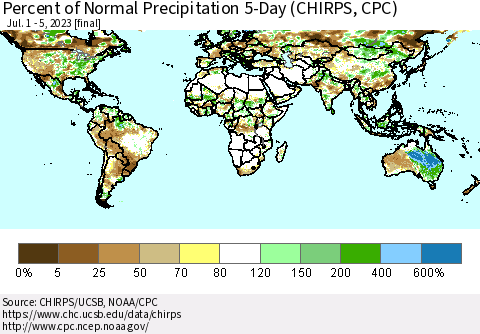 World Percent of Normal Precipitation 5-Day (CHIRPS) Thematic Map For 7/1/2023 - 7/5/2023