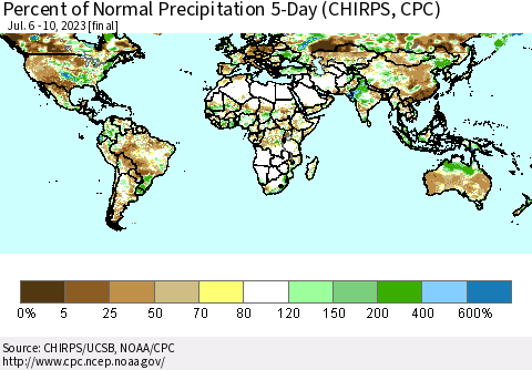 World Percent of Normal Precipitation 5-Day (CHIRPS) Thematic Map For 7/6/2023 - 7/10/2023