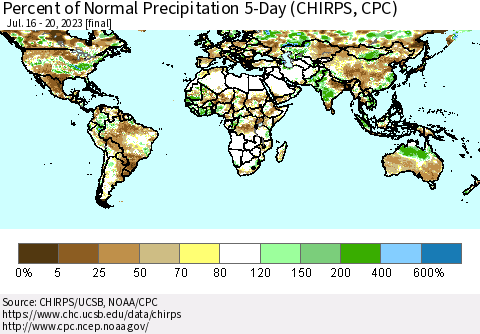 World Percent of Normal Precipitation 5-Day (CHIRPS) Thematic Map For 7/16/2023 - 7/20/2023