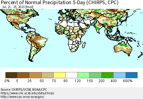World Percent of Normal Precipitation 5-Day (CHIRPS) Thematic Map For 7/21/2023 - 7/25/2023